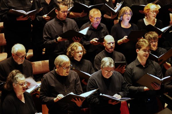 photo containing parts of the tenor, baritone, and alto sections of Harmonia Atlanta performing